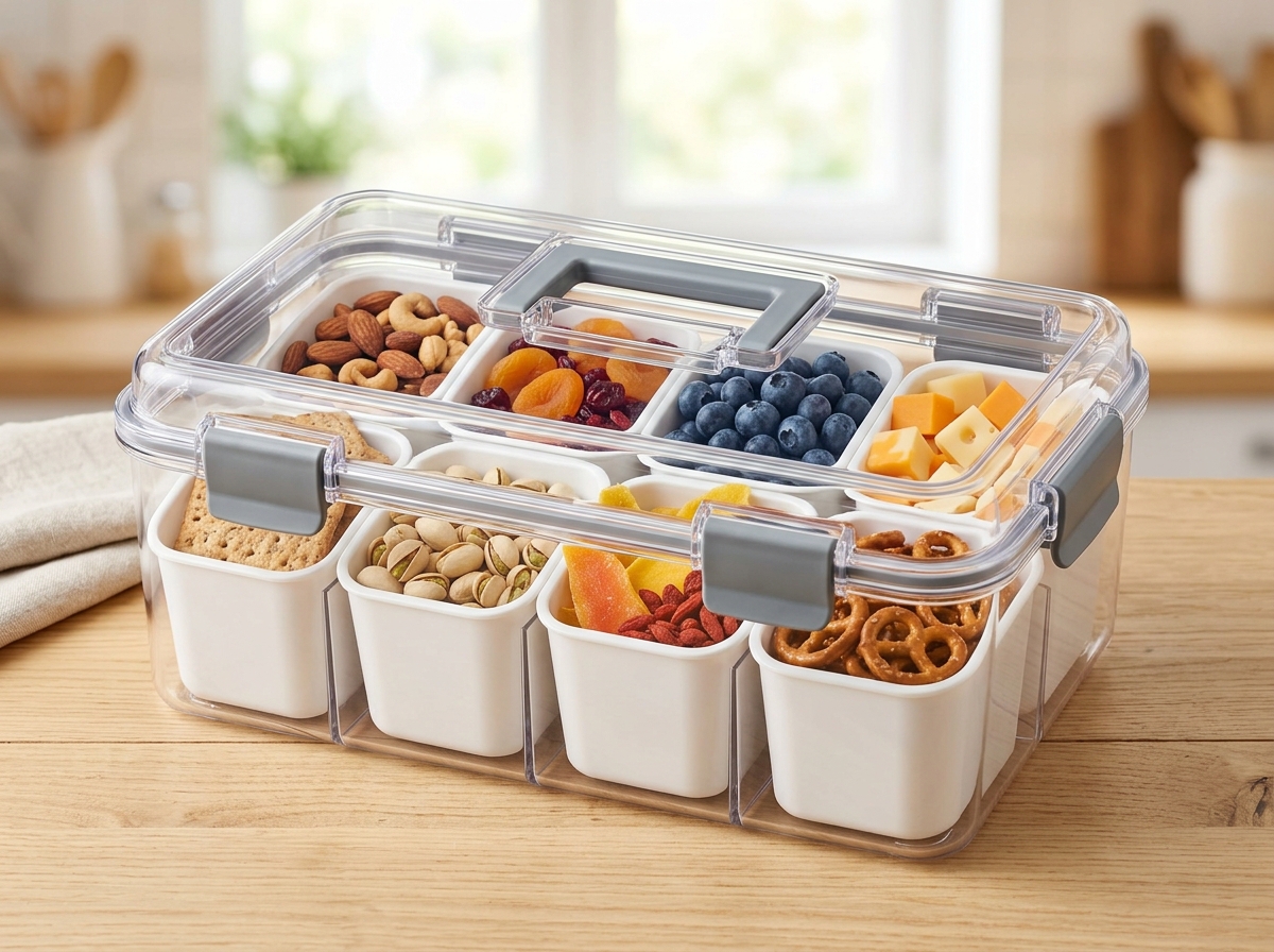 8-Compartment Clear Divided Snackle Box Organizer with Handle
