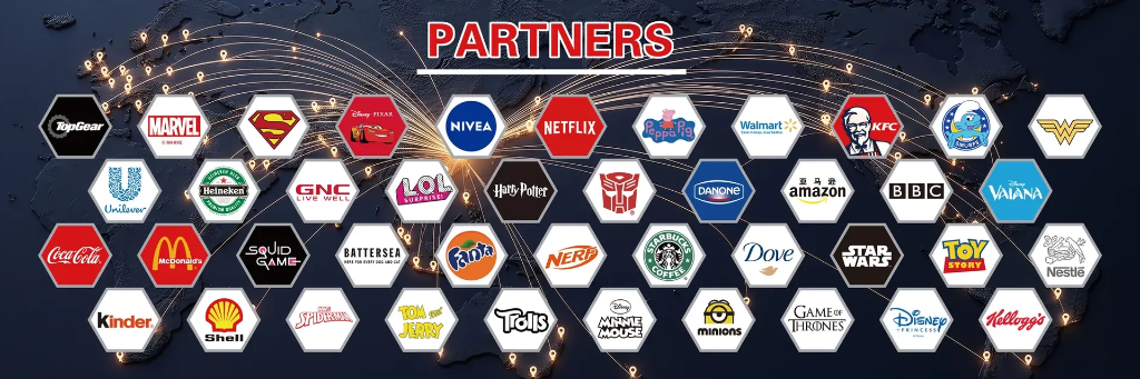 Naike Global Brand Partners and IP Licensees Worldwide Map including Disney, Marvel, Walmart, McDonald's, Coca-Cola, Starbucks, Netflix, and Unilever